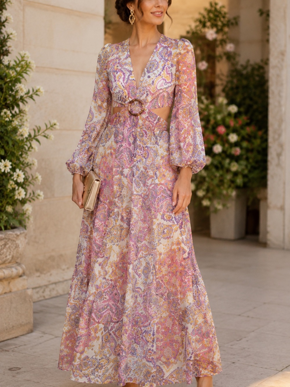BigHit Fashion Presley Paisley Print Long Sleeve V-Neck Maxi Dress